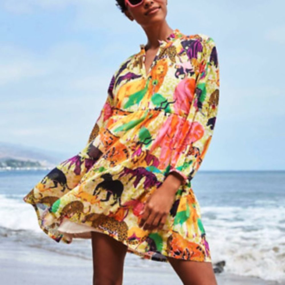 NWT J. Crew Ratti Cotton Popover Tiered Animal Safari Dress Size XS